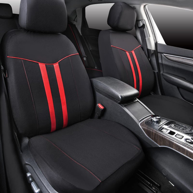 CAR-GRAND Universal Stylish Piping Cloth Car Seat Covers Full Set, Breathable and Washable Automotive Seat Covers with Air Compatible,3 Zipper Bench Design,Fit 90% SUV,Truck,Sedan (Black and Red) - Image 2